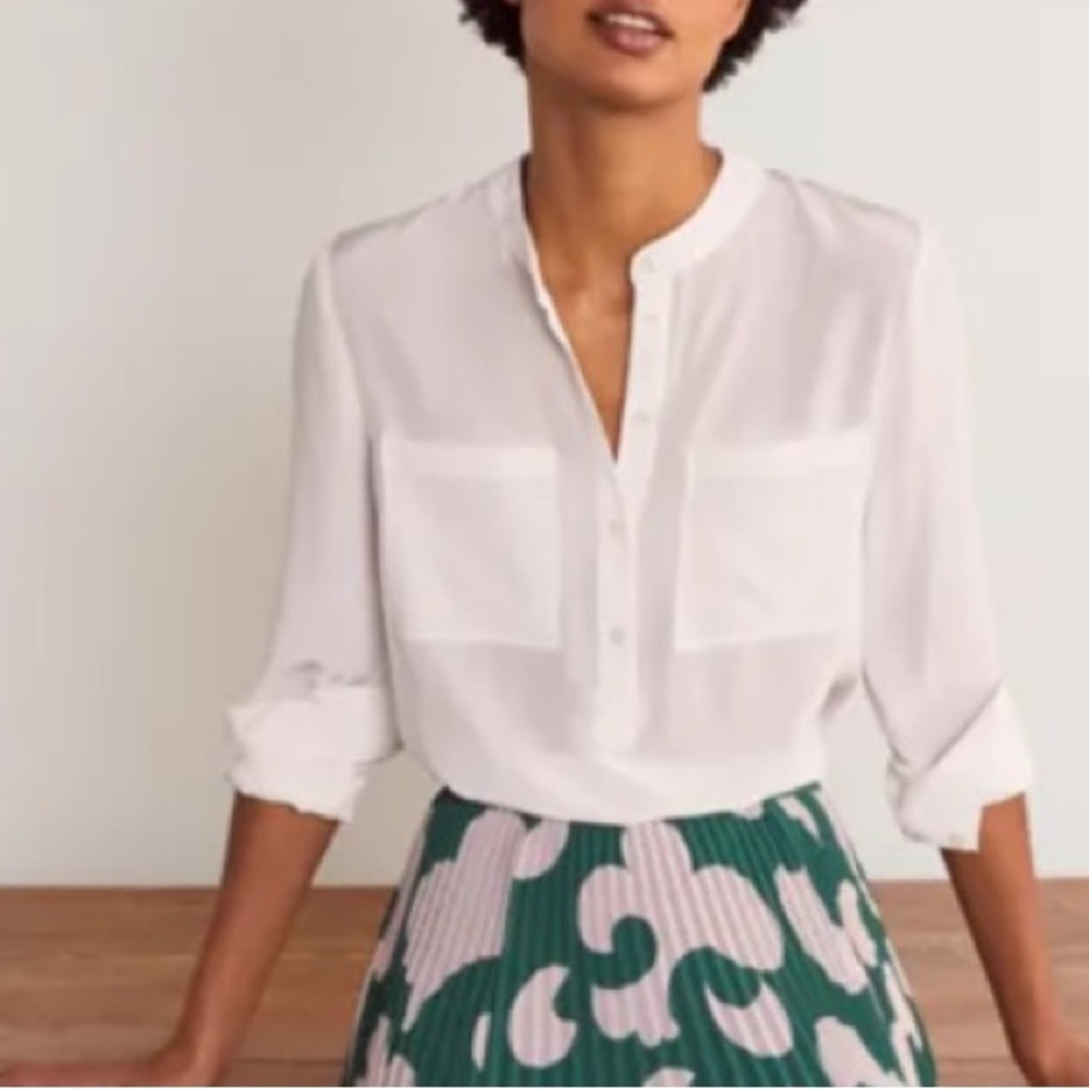 Boden 100% Silk Collarless Green Blouse